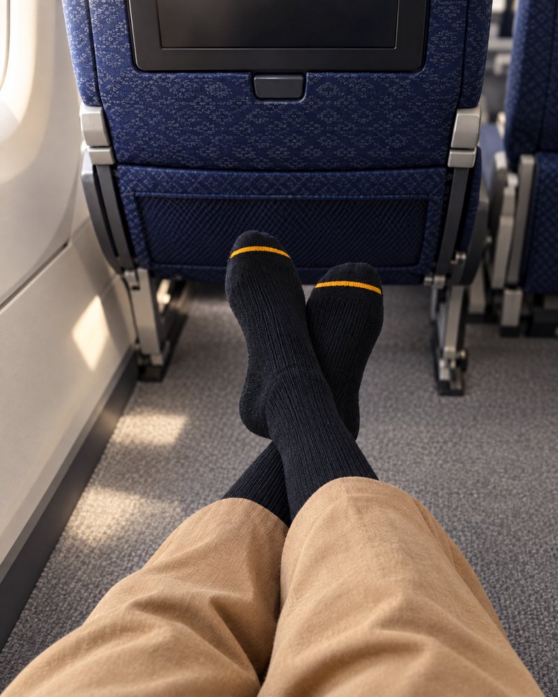 Black pair worn on a flight, feet crossed in front of the seat